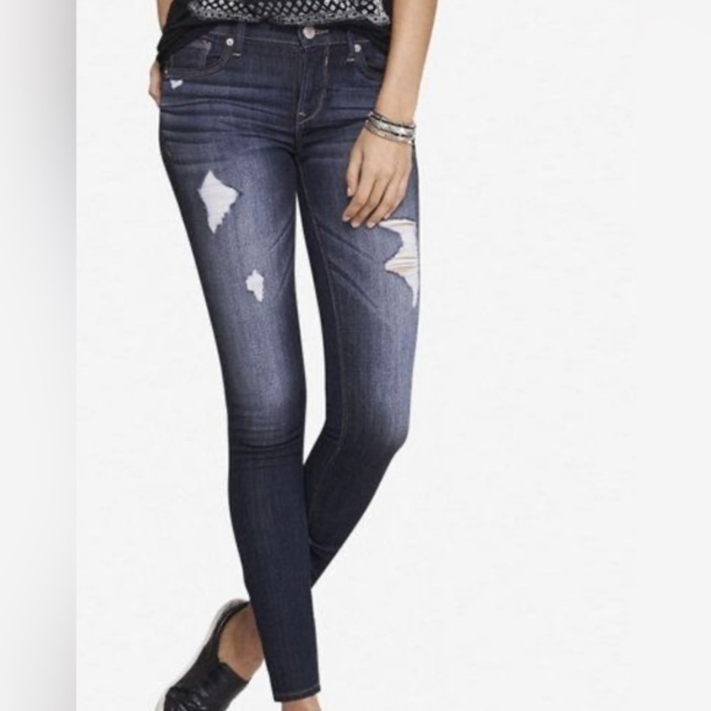 Express Dark Wash Distressed Mid Rise Denim Leggings 4